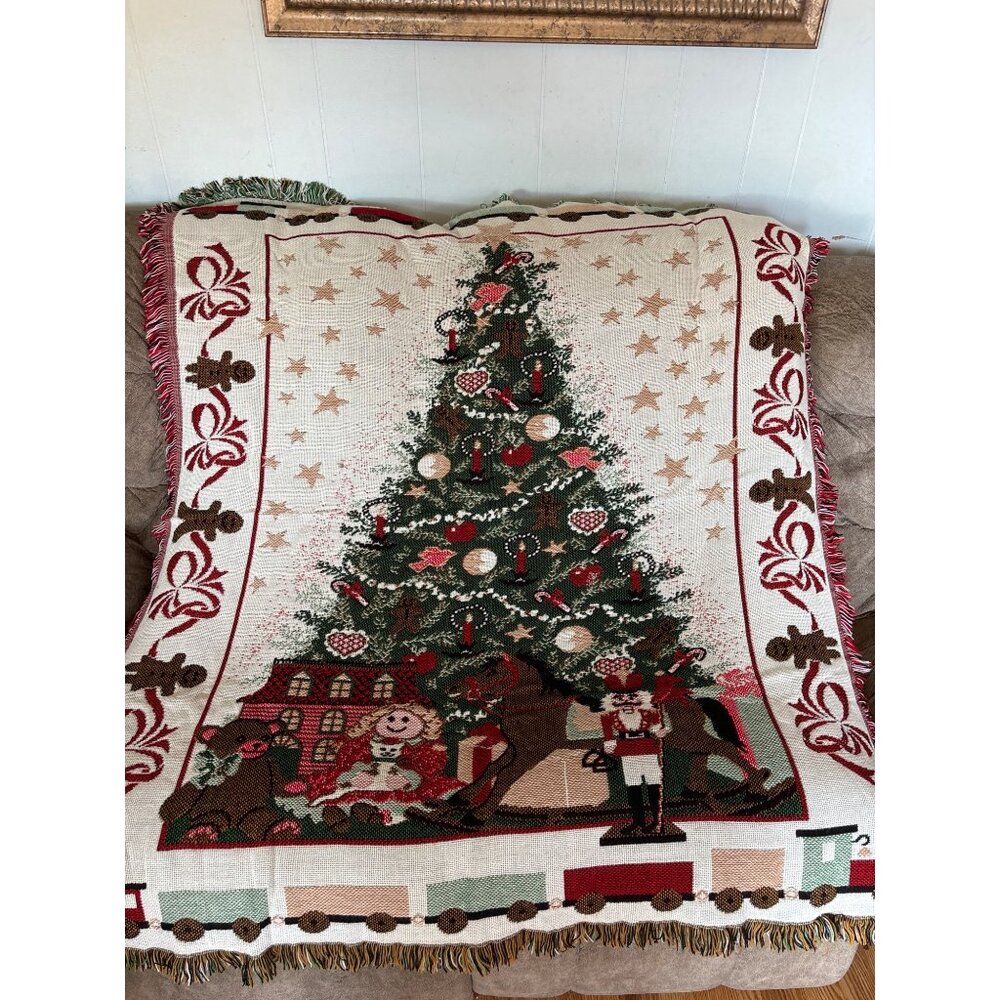Vintage Holiday Tapestry Throw Blanket With Christmas Tree, Toys Train warm Gift